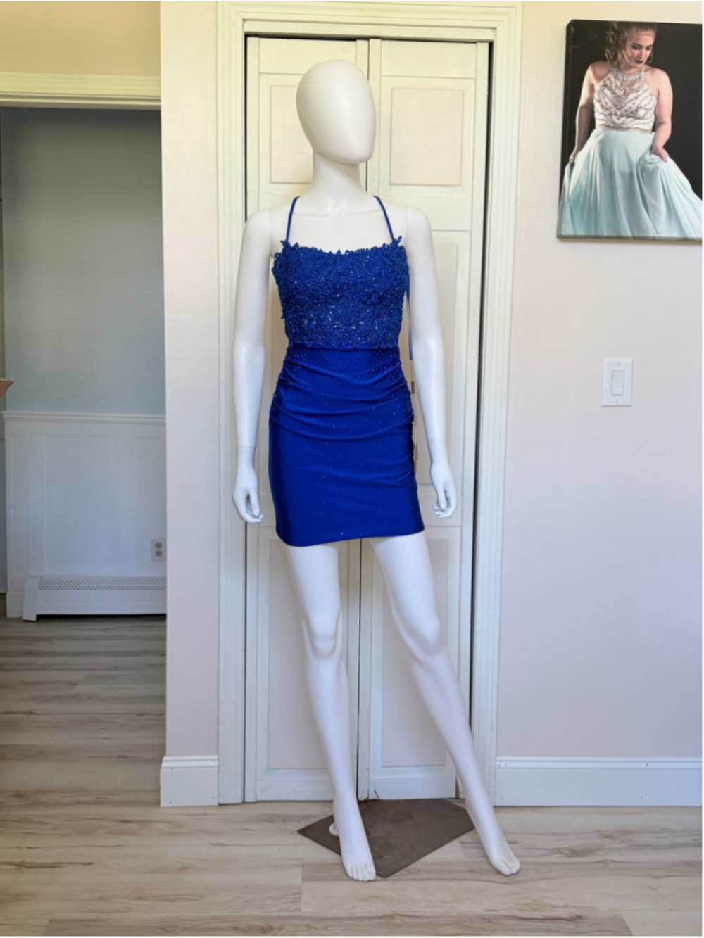Size 2 Royal Blue Lace Rhinestones Bodycon Mini Dress Party Homecoming Hoco